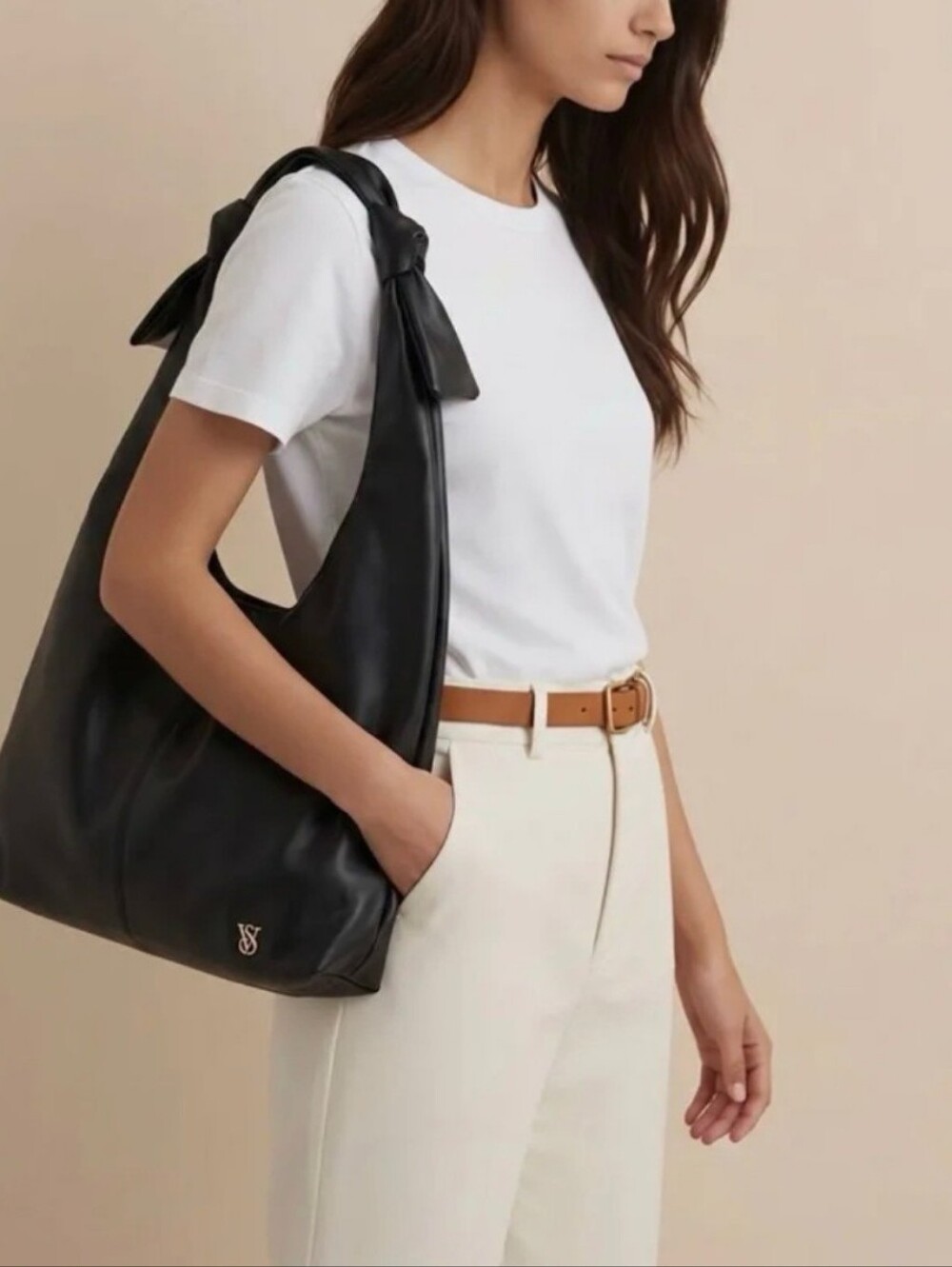 Black Leather Knot-Shoulder Hobo Bag
